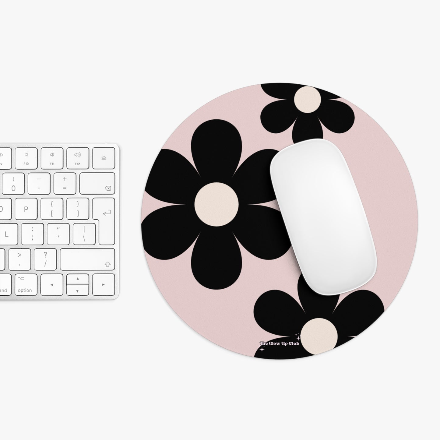 Big black flowers on pink background - Round Small Mouse Pad