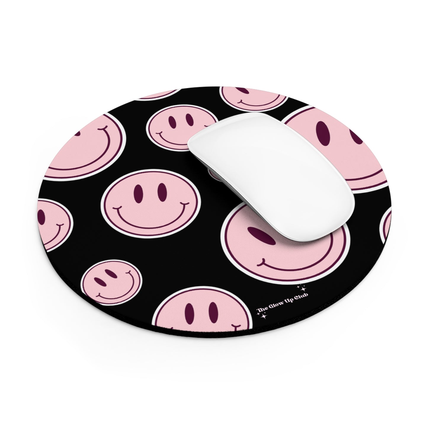 Smiley faces pink on black - Round Small Mouse Pad