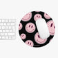 Smiley faces pink on black - Round Small Mouse Pad