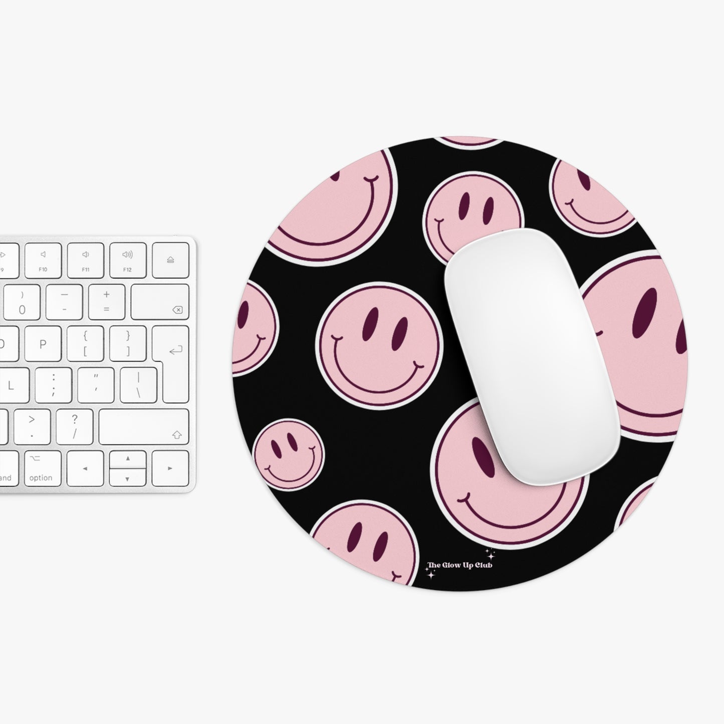 Smiley faces pink on black - Round Small Mouse Pad