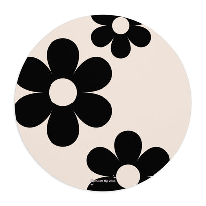 Big black flowers on cream background - Round Small Mouse Pad