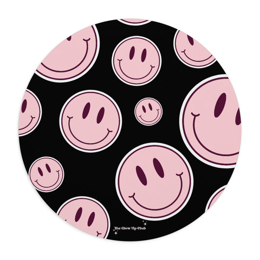 Smiley faces pink on black - Round Small Mouse Pad