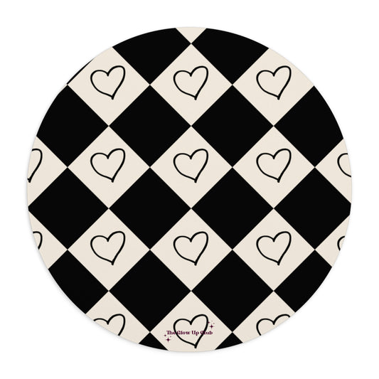 Black and cream heart checkers - Round Small Mouse Pad