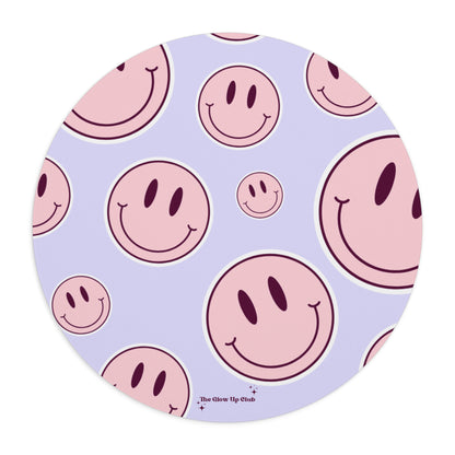 Smiley faces pink on purple - Round Small Mouse Pad