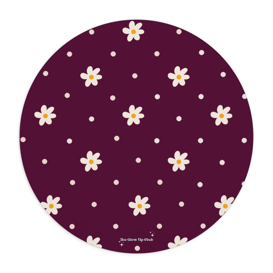 Flowers and dots burgundy - Round Small Mouse Pad